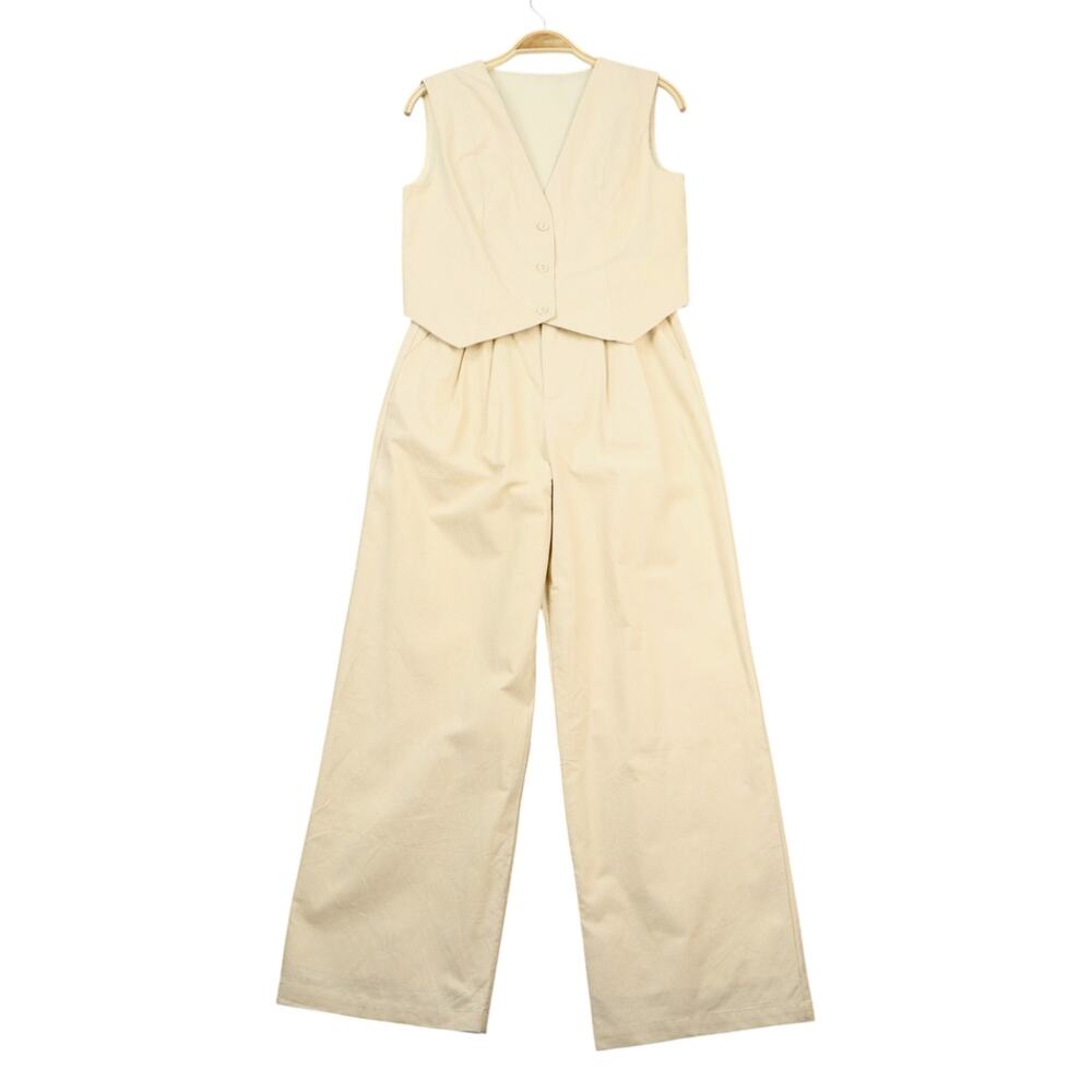 Commense 100% Cotton 2-pc SET Vest & Wide Leg Pants XS Cream Beige Minimalist